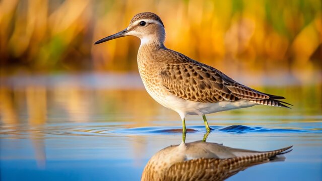 A lone brown and beige bird stands transfixed by the shallow water, its beak dipping into the depths,