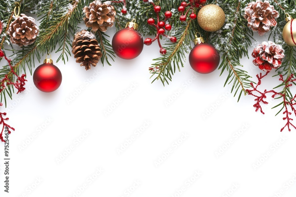 Wall mural Decorative Christmas border featuring red ornaments, pinecones, and evergreen foliage on a white background for holiday festivities