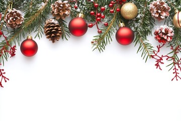 Decorative Christmas border featuring red ornaments, pinecones, and evergreen foliage on a white background for holiday festivities