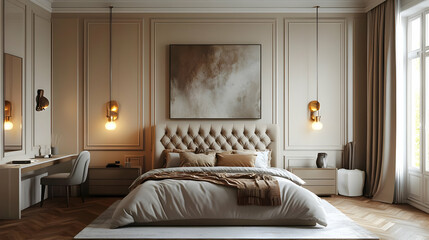 A luxurious bedroom with a large bed, a vanity table, and a large window. The walls are decorated with molding and a large painting. The floor is made of hardwood.