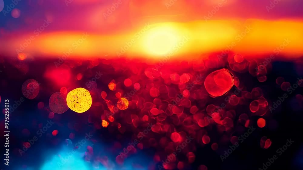 Poster a vibrant sunset with abstract bokeh lights and raindrops on a window, creating a stunning visual of