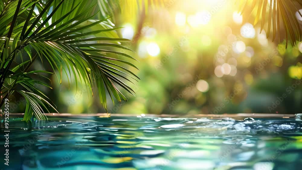Poster a serene tropical pool surrounded by lush palm leaves and illuminated by warm sunlight, creating a r