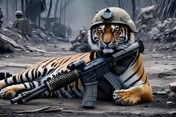 Tiger and gun in world war 3 wearing protection armor. survival for fittest. Generative AI