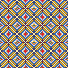 A complex geometric pattern with vibrant colors, featuring repeating shapes and intricate designs, creating a visually striking image.