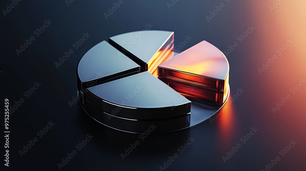 Poster Modern metallic pie chart representing data analysis in a minimalist studio at dusk