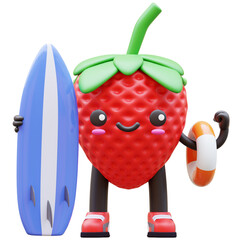 3D Strawberry Character Holding Surfboard And Lifebuoy Suitable For Beach And Summer Vacation Concepts