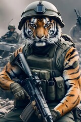 Tiger and gun in world war 3 wearing protection armor. survival for fittest. Generative AI