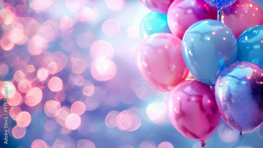 Poster a cluster of colorful balloons against a dreamy bokeh background, creating a festive and joyful atmo