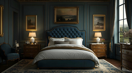 A luxurious bedroom with a plush blue velvet headboard