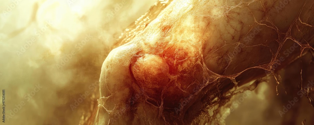Poster Close-up view of an abstract structure with warm colors, showcasing organic textures and intricate patterns, evoking a sense of depth.