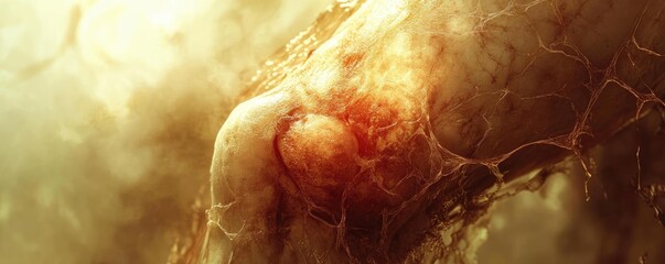 Close-up view of an abstract structure with warm colors, showcasing organic textures and intricate patterns, evoking a sense of depth.