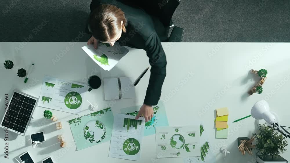 Poster top down view of business man presenting sustainable idea to manager by using tablet display esg env