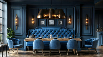 A luxurious dining room with a large, tufted blue velvet banquette, six matching chairs, a wooden table, and a chandelier. The walls are navy blue with gold accents.