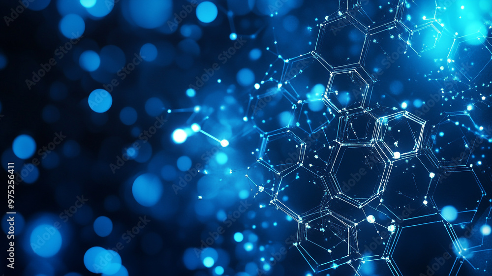 Poster detailed illustration of hexagonal structures with blue glowing particles in a scientific setting