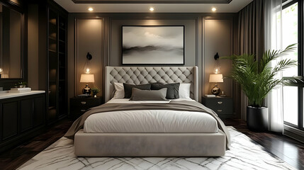 A luxurious modern bedroom with a king-size bed, a large painting on the wall, a plant in the corner, and a rug on the floor.