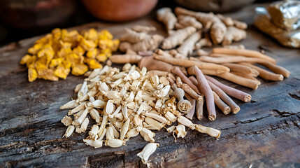 A close-up of traditional Himalayan medicinal herbs, such as rhodiola and ashwagandha, displayed on a rustic wooden table 