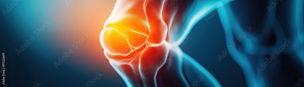 Poster an illuminated close-up of a knee joint, highlighting its structure and potential areas of pain for 