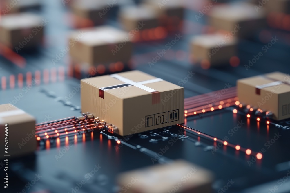Poster innovative logistics workflow: automating package handling with futuristic technology