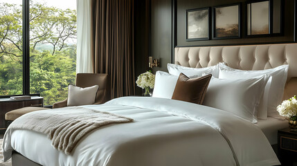 A luxuriously appointed bedroom with a king-size bed, plush bedding, and a large window overlooking a lush green landscape.