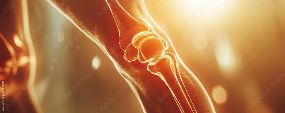 Poster Close-up of a human knee joint highlighting the intricate structure and function in a glowing, soft light.