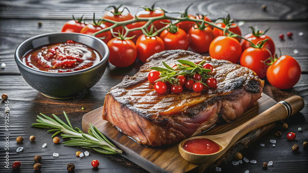 Wall mural Juicy steak topped with red sauce and fresh tomatoes , juicy, steak, red sauce, tomatoes, gourmet, meal, food, delicious, protein