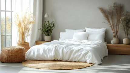 A minimal bedroom with a white bed, a jute rug, a wicker stool, potted plants, and dried pampas grass.