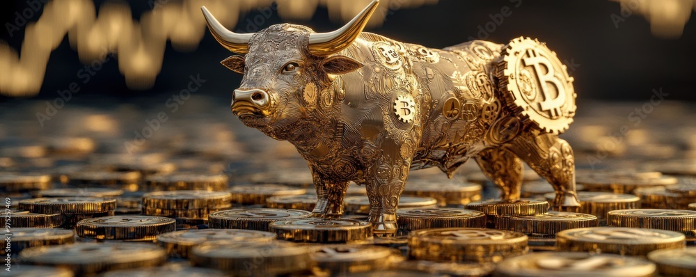 Poster golden bull of wealth: symbolic statue of a bull made of gold gears on mechanical coins with blockch