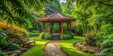 Fototapeta premium A serene gazebo nestled among verdant foliage offers a peaceful retreat for unwinding and introspection, perfect for
