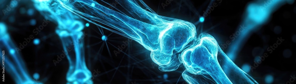 Poster a detailed close-up of a human joint with a glowing effect, showcasing its intricate structure and f