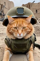 orange cat in world war 3 wearing protection armor. survival for fittest. Generative AI