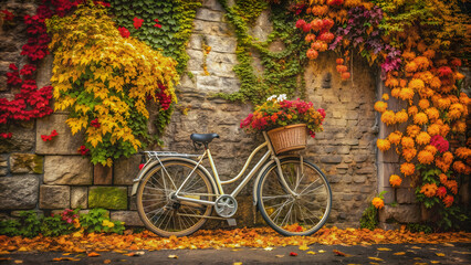 Fototapeta premium Bicycle surrounded by autumn flowers and leaves against an old stone wall , bicycle, autumn, flowers, leaves, background
