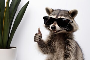 Adorable Raccoon Wearing Sunglasses and Thumbs Up on Clean White Background