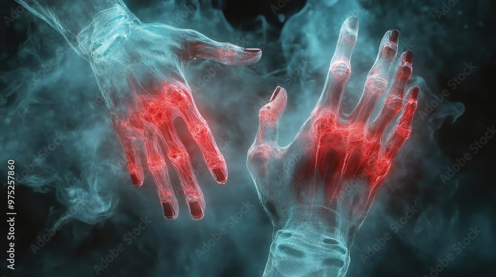Poster an artistic representation of hands emitting glowing red energy, surrounded by ethereal smoke, symbo