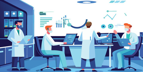 Scientists working in a modern laboratory. Three researchers collaborate using computers and analyzing data displayed on screens and whiteboards.