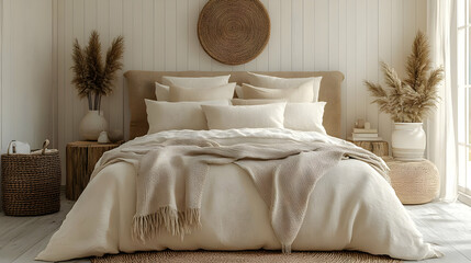 A minimalist bedroom with a large bed, fluffy pillows, and a throw blanket. The room is decorated with neutral colors and natural textures.
