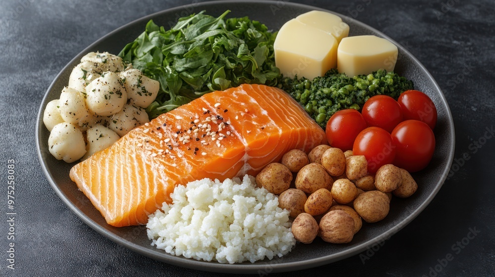 Wall mural Healthy meal plate featuring salmon, vegetables, and grains.