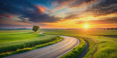 Sunset over serene fields and a meandering road with smooth textures and soft gradients, sunset, fields, winding road