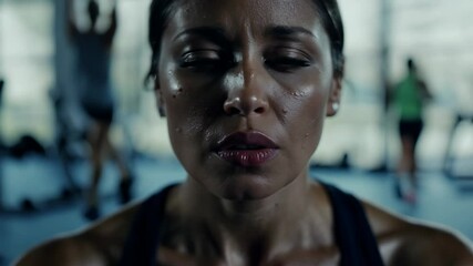 Close-up portrait of a young woman tired after training in the gym. Capturing the raw emotion of fatigue, her close-up shows the beauty in the struggle and the rewards of hard work.