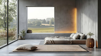 A minimalist bedroom with a large window overlooking a green field and a concrete wall.