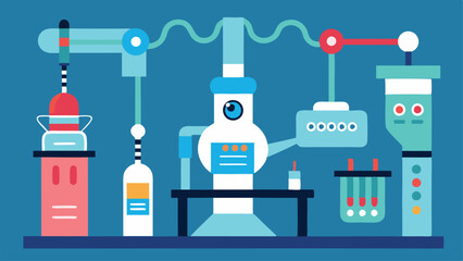 A cartoon laboratory setup with a robotic microscope, connected tubes, and scientific equipment on a blue background. Stylized representation of modern research technology.