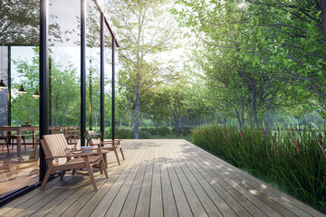 Modern contemporary wooden terrace surrounded by nature 3d render, There is a large glass window with a reflection of the surrounding nature. Decorated with wooden chairs