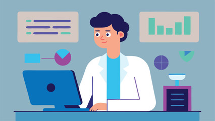 Young scientist in the laboratory There is a screen showing graphs and charts. Working atmosphere for research and data analysis