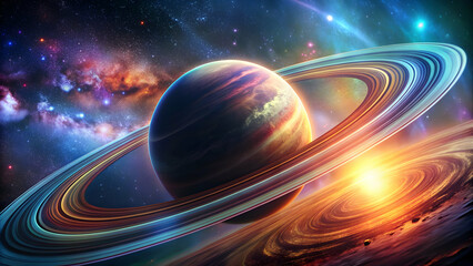 A beautiful image of a distant planet in space with rings and vivid colors, astronomy, universe, outer space