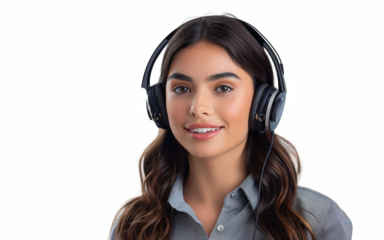 A woman wearing a headset and smiling