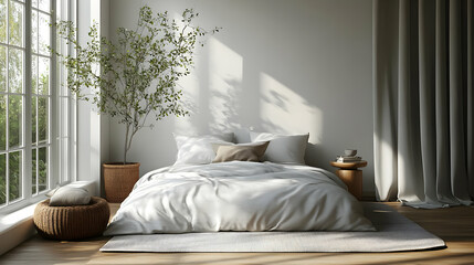 A minimalist bedroom with a large window, a bed with white linen, a plant in a basket, and a wooden side table with a book and a cup.