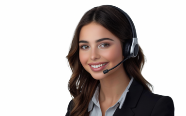 A woman wearing a headset and smiling