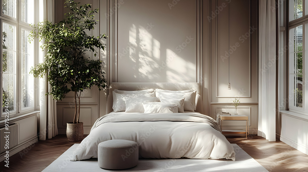 Canvas Prints A minimalist bedroom with a large window, white walls, and a comfortable bed with a plant in the corner.