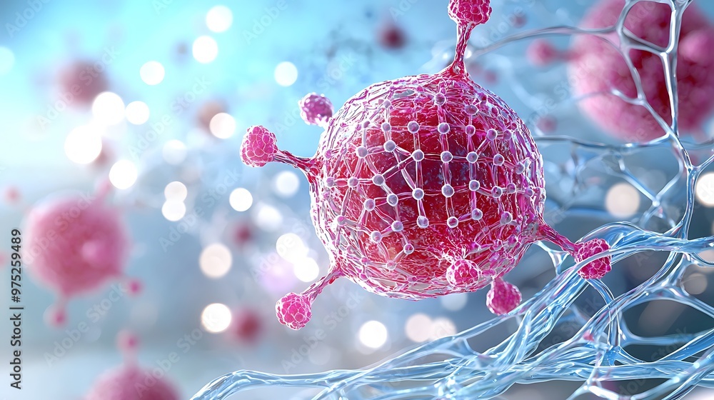 Poster a 3d render shows virus cells intricately networked together in a scientific visualization.