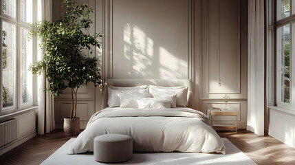 A minimalist bedroom with a large window, white walls, and a comfortable bed with a plant in the corner.