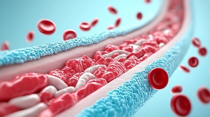 Red blood cells surge through an artery in this dynamic 3D medical illustration.